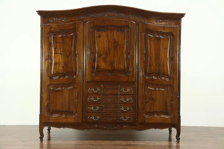 French Style Carved Antique Mahogany Triple Armoire, Wardrobe or Closet
