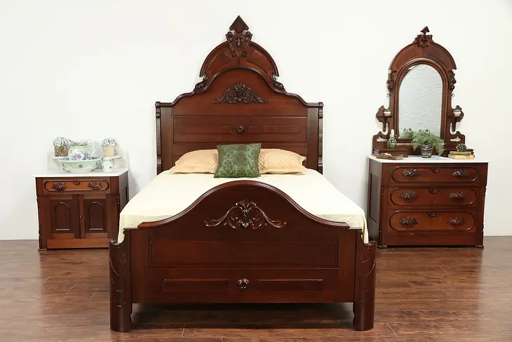 Victorian Antique Queen Size Walnut Bedroom Set, 2 Marble Top Chests #29948