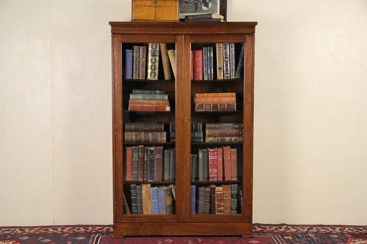 Oak Antique 1900 Bookcase, Glass Doors, Adjustable Shelves