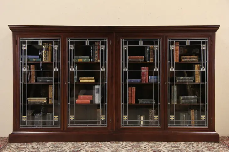 Arts & Crafts Leaded Glass Double 9' Bookcase, 1900 Antique