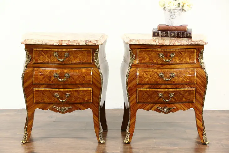 Italian Pair Vintage Marble Top Tulipwood Marquetry Bombe Chests