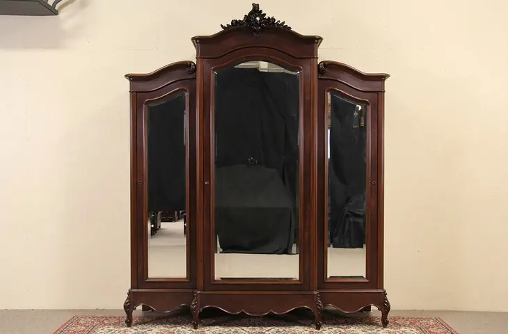 French Triple Armoire, 1910 Antique Beveled Mirror Doors