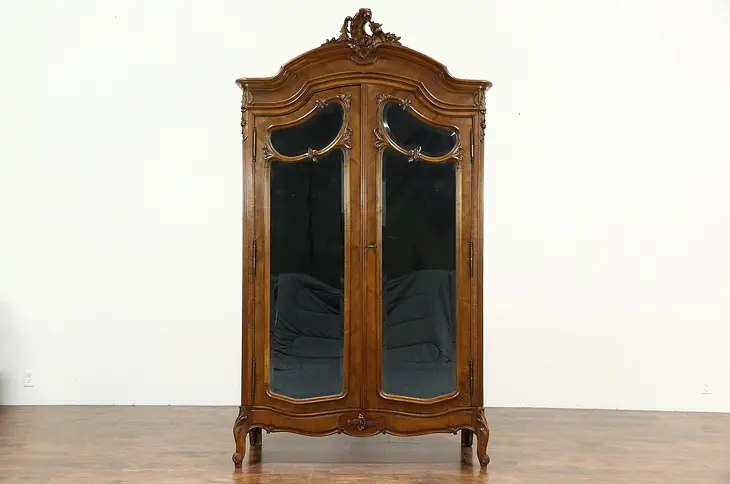 French Antique Shell Carved Walnut Armoire, Beveled Mirror Doors