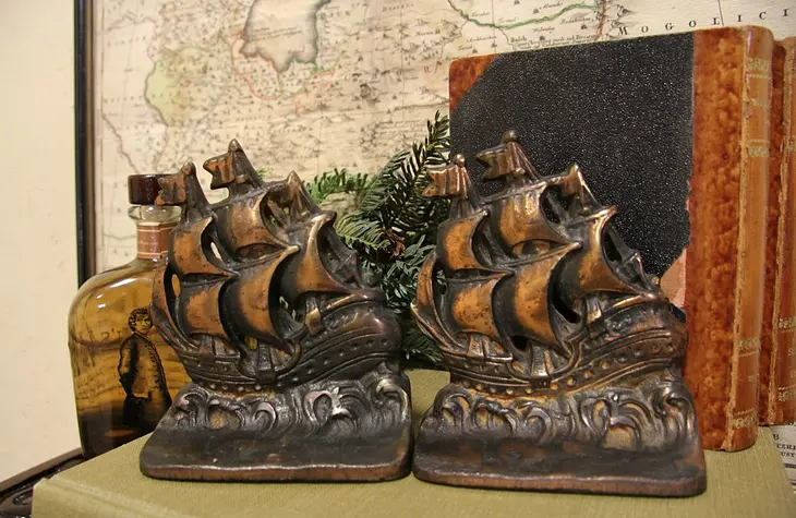 Pair of Antique Iron Coppery Clipper Ship Bookends