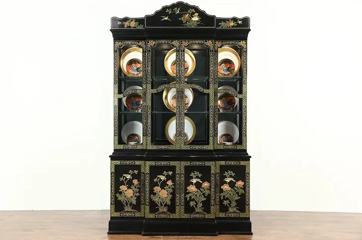 Chinese Hand Painted Lacquer Vintage Breakfront China Display Cabinet