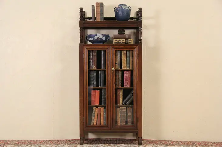 Oak 1900 Bookcase Display Cabinet, Glass Doors & Gallery