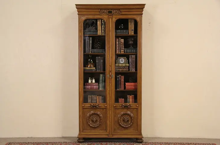Oak 1895 Antique German Bookcase, Original Wavy Glass, Carved Lion Heads