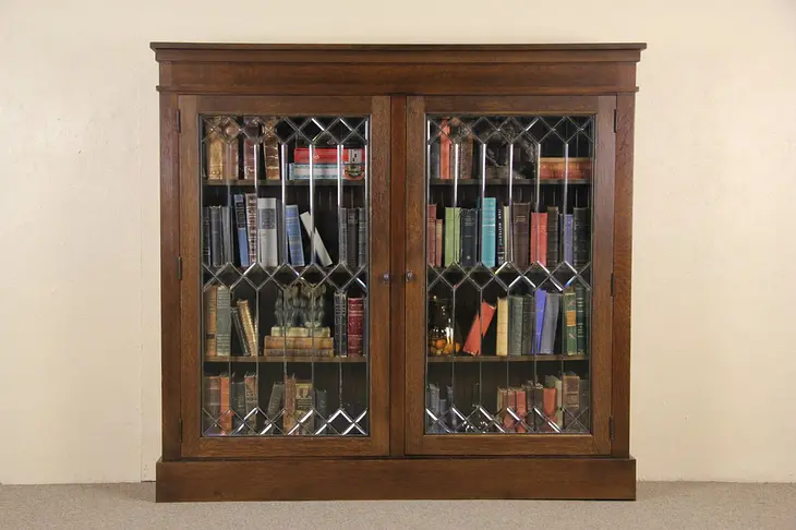 Oak 1900 Antique Library Bookcase, Leaded Beveled Glass Doors, 2 of 2