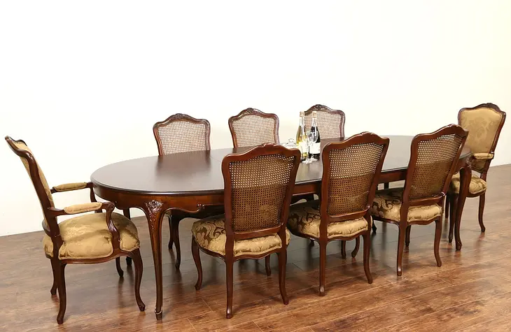 Baker Cherry Country French Dining Set, Table, 2 Leaves, 8 Chairs New Upholstery