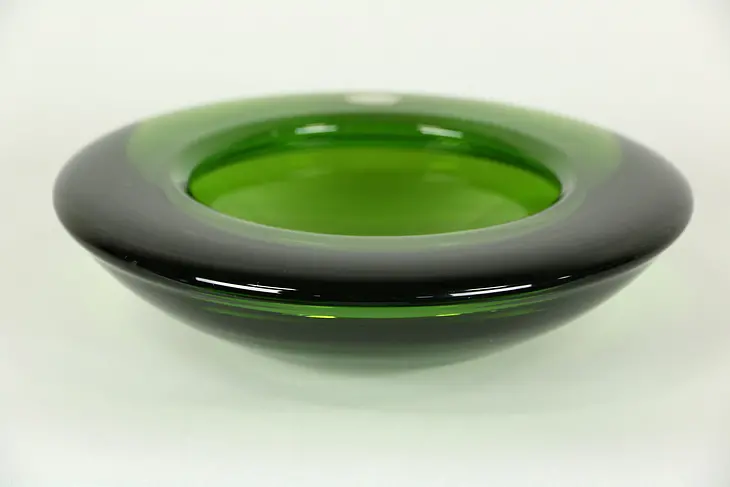 Green Blown Glass Vintage Bowl, Signed Murano, Italy