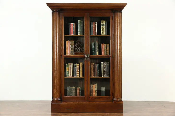 Oak 1900 Antique Library Bookcase, Wainscoting, Columns, Wavy Glass Doors