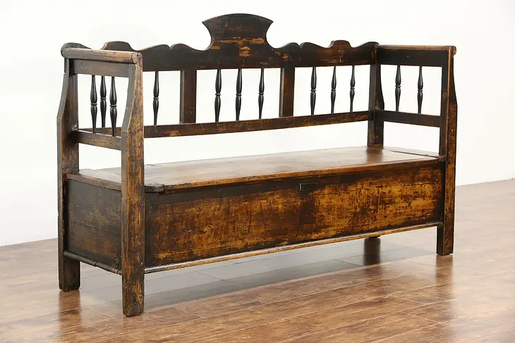 Country Pine 1840 Antique Primitive Bench, Settee or Settle, Lift Seat Storage