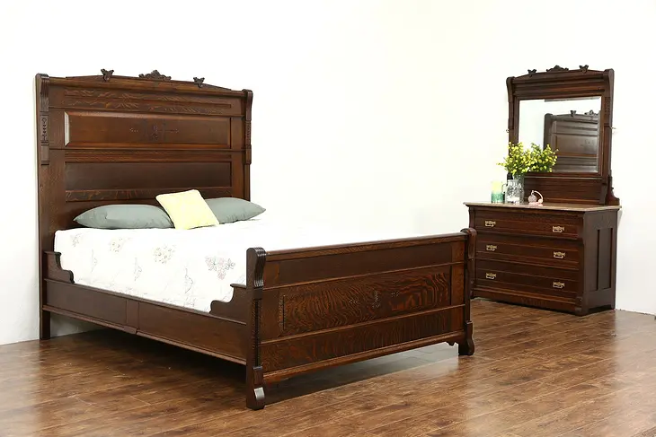 Victorian Eastlake Quarter Sawn Oak 1880 Antique 2 Pc. Queen Size Bedroom Set