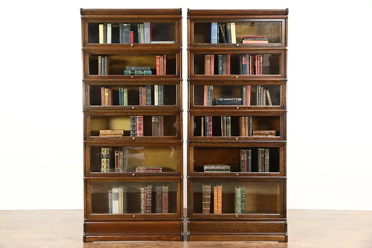 Pair of Oak 1900 Antique 6 Stack Lawyer Bookcases, Signed Globe Wernicke