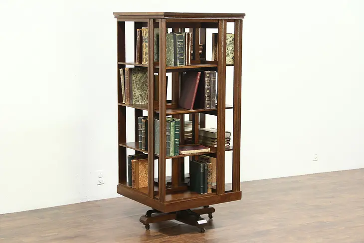 Oak Antique 1890 Spinning or Revolving Bookcase, Signed Danner, 5' Tall