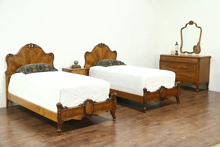 Satinwood 1925 Bedroom Set, Twin Beds and Nightstand, Rockford