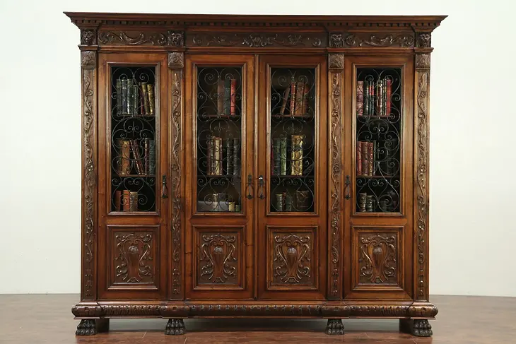 Walnut Antique Library Bookcase, Iron Grillwork, Lion Carved, Italy #29095