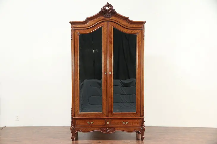 French Antique Mahogany Armoire, Beveled Mirror Doors, Shelves #29589
