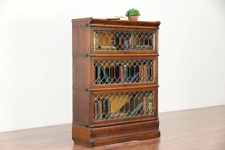 Oak Antique 3 Stack Lawyer Bookcase, Leaded Glass Doors, Macey #29958