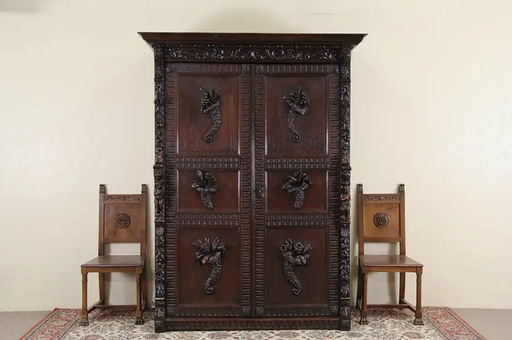 Renaissance Oak Antique 1870 French Armoire Cabinet, Carved Angels, Lions & Frui