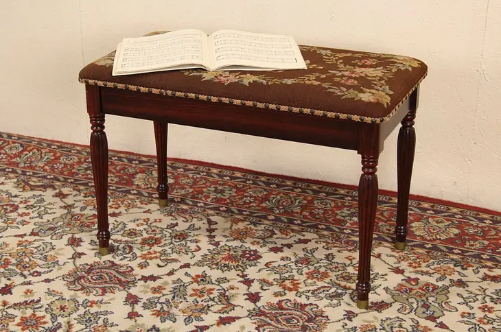 Piano Bench, 1940's Vintage, Needlepoint Upholstery