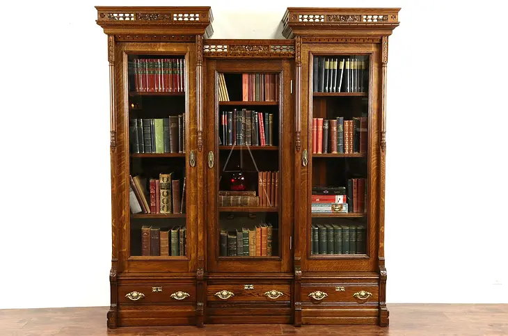 Victorian Eastlake 1880's Antique Carved Oak Triple Library Bookcase