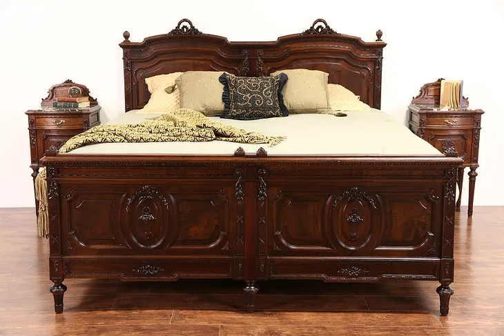 Italian Carved Walnut 1900 Bedroom Set, King Size Bed, 2 Marble Top Nightstands