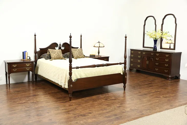 Ethan Allen Signed Vintage Cherry 6 Pc. Bedroom Set, Queen Size Poster Bed