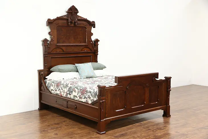 Victorian Renaissance 1880 Antique Carved Walnut & Burl Queen Size  Bed
