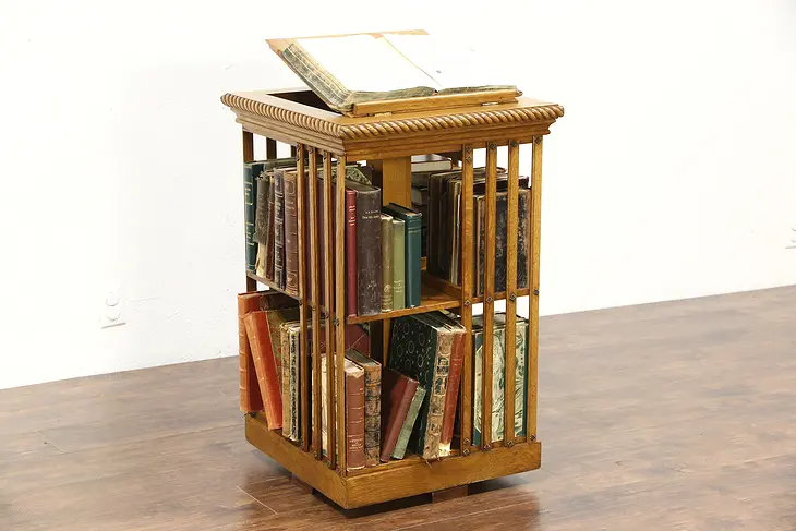 Oak Antique Spinning Bookshelf, Revolving Chairside Bookcase, Signed Danner