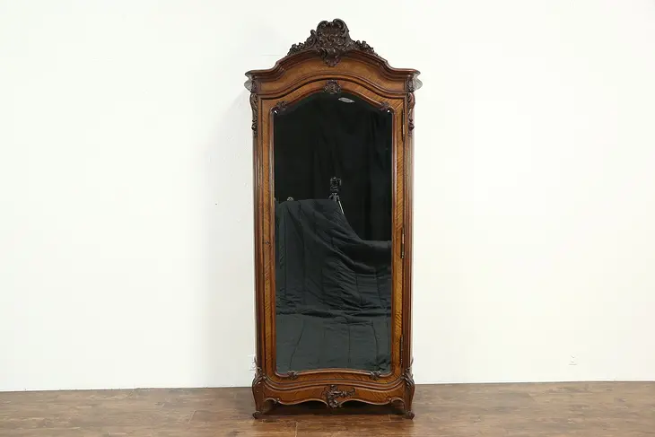 French 1890 Antique Carved Armoire, Wardrobe or Closet, Beveled Mirror