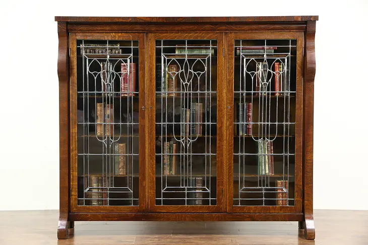 Oak 1900 Antique Empire Triple Library Bookcase, Leaded Beveled Glass Doors