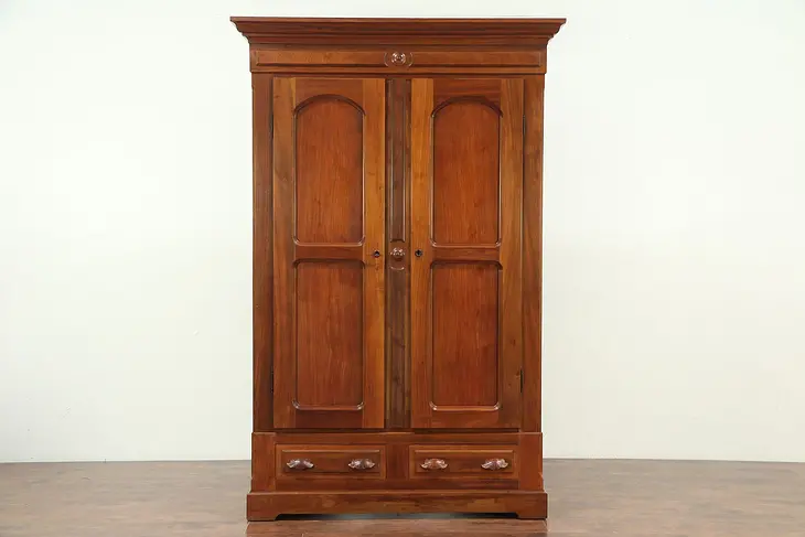 Victorian Antique 1875 Walnut Armoire, Wardrobe or Closet, Carved Pulls #28934