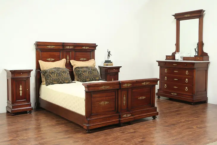Queen Size Antique 1900 Italian 4 Pc. Mahogany Bedroom Set, Marble Tops #29164