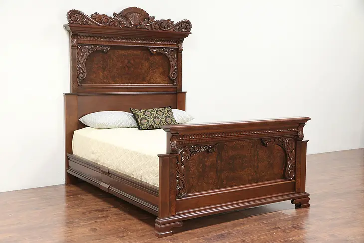 Victorian Antique 1880 Carved Walnut & Burl Queen Size Bed  #29664