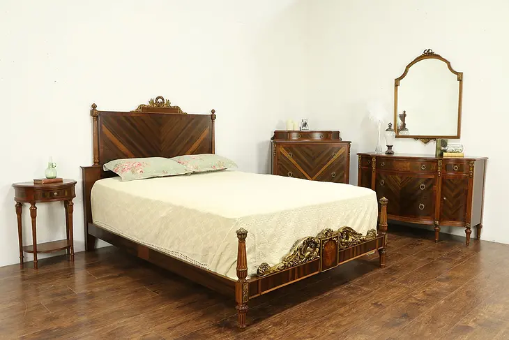 Mahogany, Rosewood & Burl Vintage 5 Pc. Queen Size Bedroom Set #31986