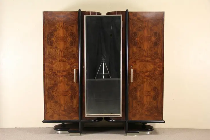 Italian 1935 Art Deco Triple Armoire, Rosewood & Burl, Beveled Mirror