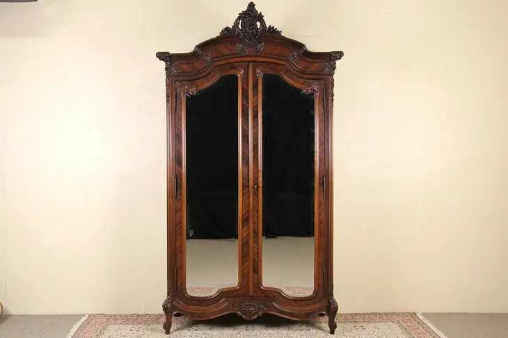 Rosewood French 1900 Antique Carved Armoire, Beveled Mirror Doors