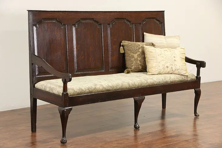 Georgian 1770's Antique Oak Bench or Hall Settee, New Upholstery