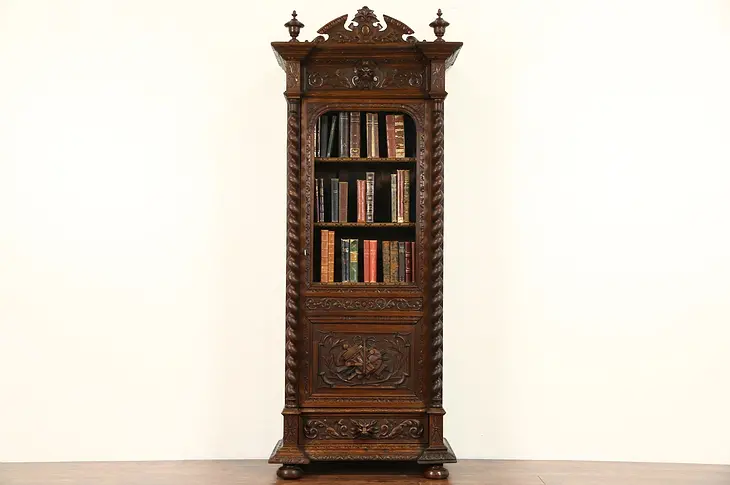 Black Forest 1870 Antique Oak Bookcase, Carved Spiral Columns & Gargoyles