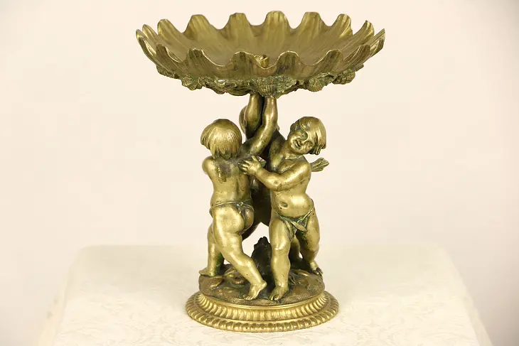 Bronze 1900 Antique Sculpture, Three Angels or Cherubs, Seashell Motif