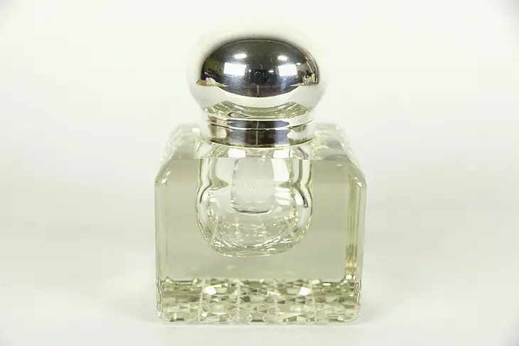 English Cut Crystal 1900 Antique Inkwell, Liner, Silver Cap