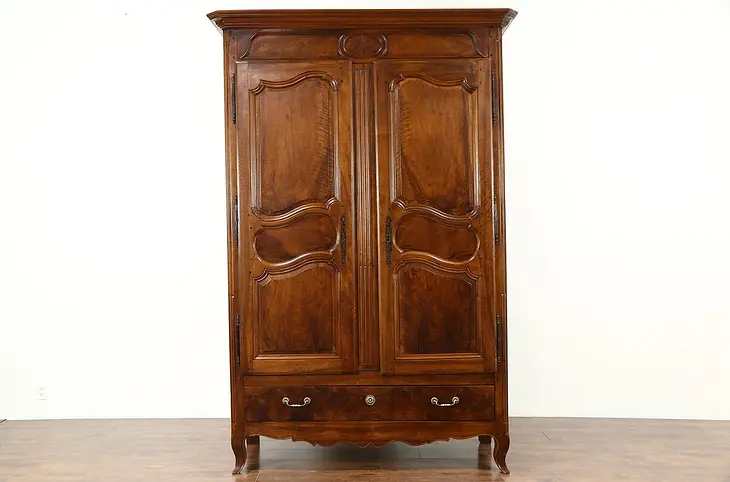 French 1825 Antique Carved Walnut Armoire, Wardrobe, Entertainment Center