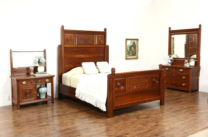 Victorian 1890 Antique Carved Cherry 3 Pc. Bedroom Set, Queen Size Bed