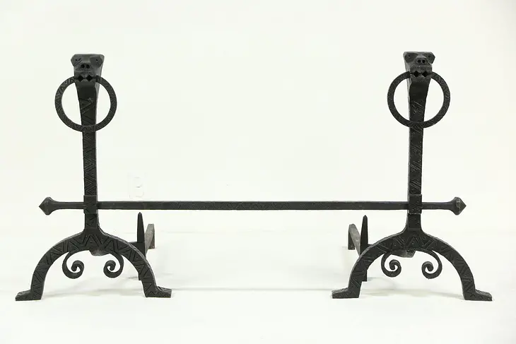 Pair of Giant Vintage Figural Wrought Iron Fireplace Andirons, 30" Tall