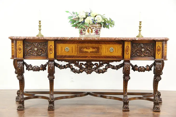 Renaissance Carved Antique Marble Top Marquetry Sideboard or Hall Console Table