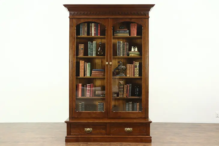 Victorian Eastlake Antique Carved Library Bookcase, Glass Doors #28852