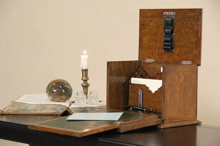 English Oak 1900 Antique Travel Writing Box