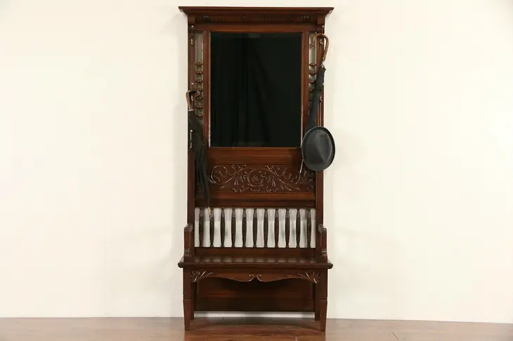 Victorian Carved Oak 1900 Antique Hall Stand, Bench & Mirror
