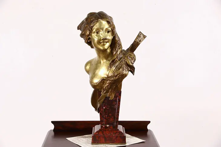 Bronze 1900 Antique Sculpture, Young Woman & Mandoline, Signed Vander Straeten